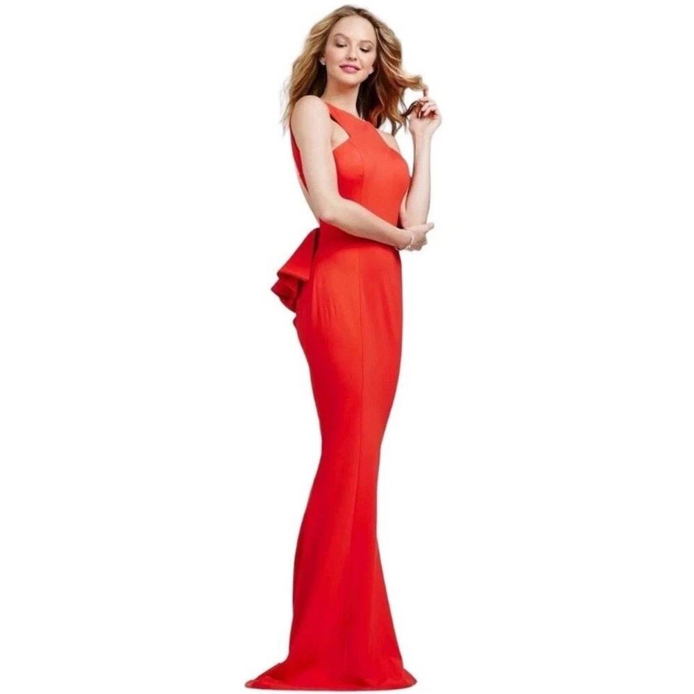 Jovani Fitted Jersey Halter Neck Ruffle Open Back Gown Red